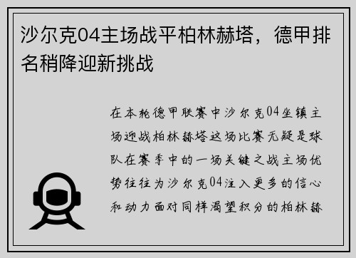 沙尔克04主场战平柏林赫塔，德甲排名稍降迎新挑战