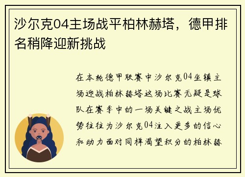 沙尔克04主场战平柏林赫塔，德甲排名稍降迎新挑战